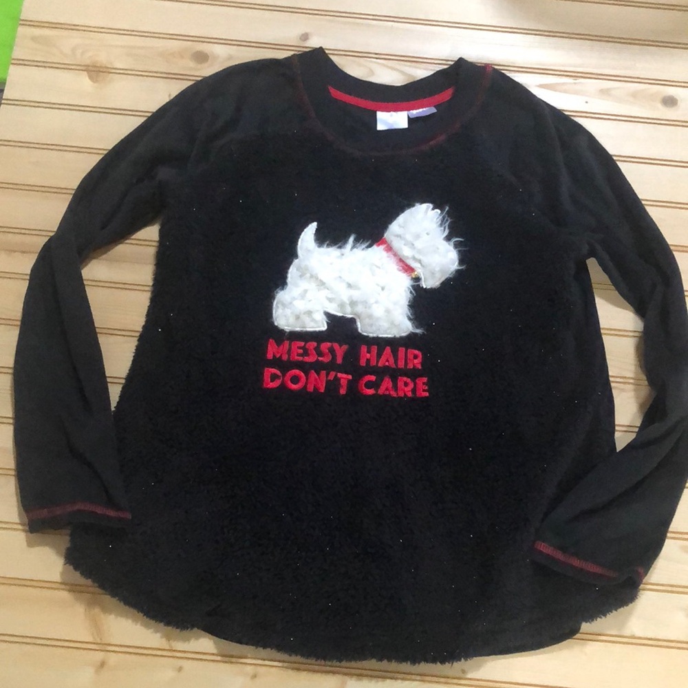 Secret Treasures Black Fleece Messy Hair Don’t Care Fluffy White Dog  PJ Top Med